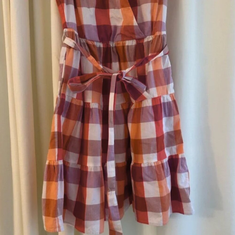 J.Crew dress gingham plaid tiered faux-wrap dress features a v-neck, sleeveless - Picture 2 of 5